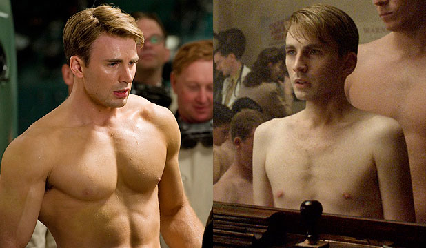 Two versions of Steve Rogers in Captain America: The First Avenger