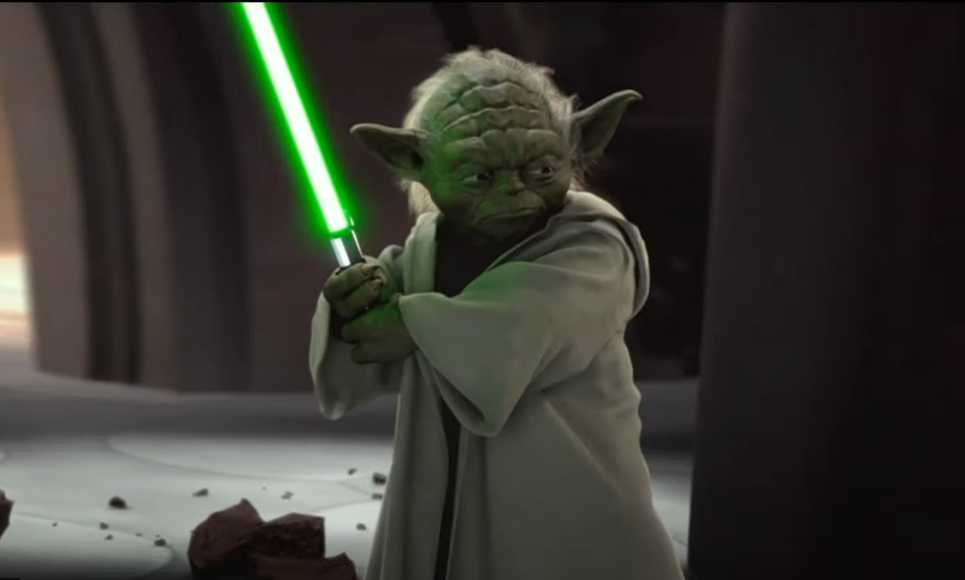 Yoda wielding the lightsaber against Count Dooku