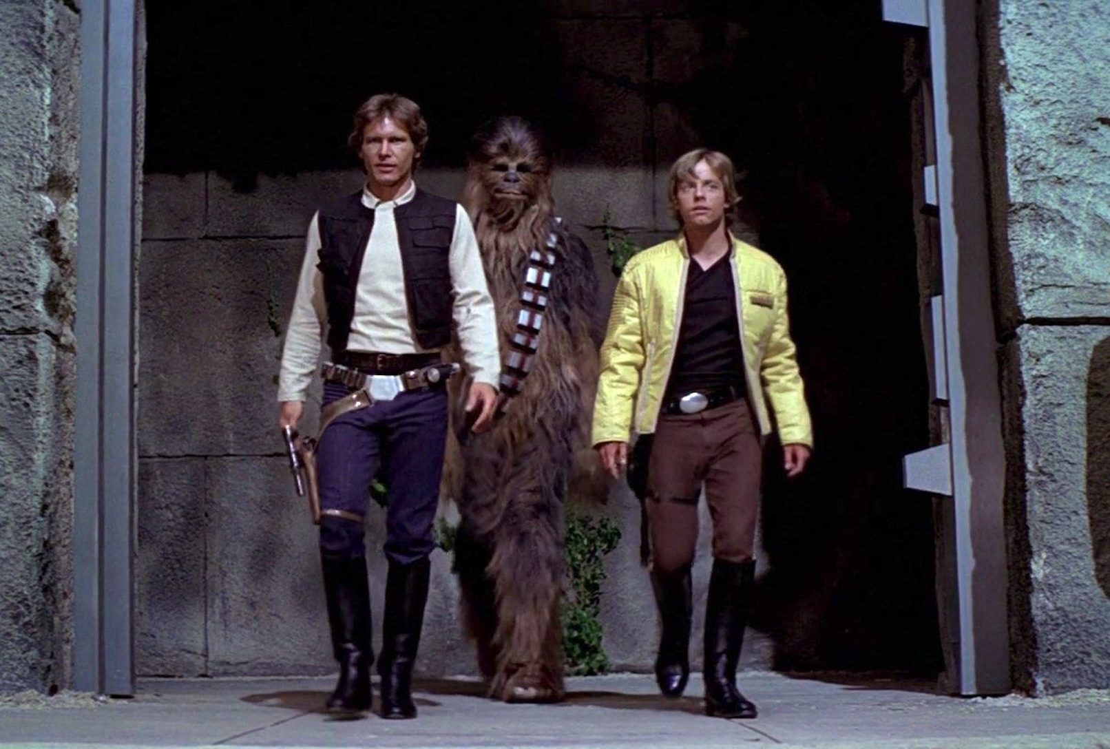 Harrison Ford, Mark Hamill, Peter Mayhew, and Derek Lyons in Star Wars: Episode IV - A New Hope