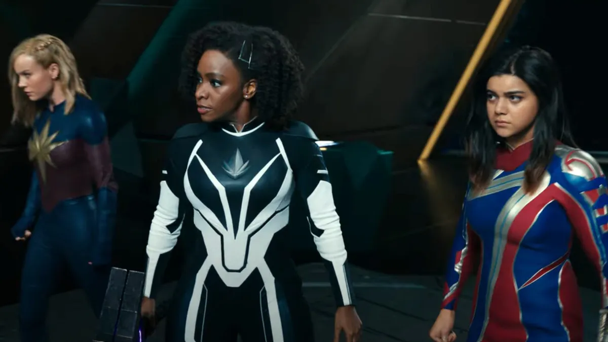 Iman Vellani, Teyonah Parris and Brie Larson in The Marvels