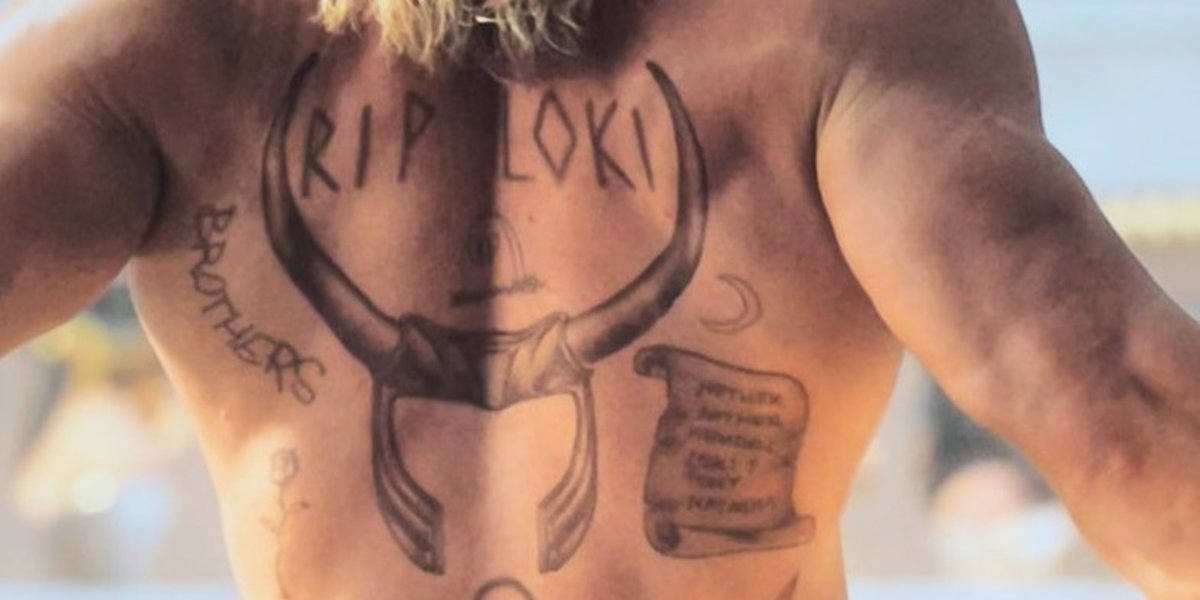 Thor's tattoo "RIP Loki"