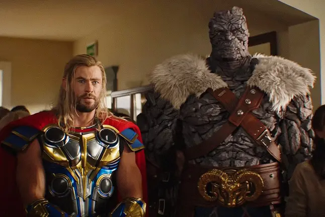 Taika Waititi and Chris Hemsworth in a still from Thor: Love and Thunder 