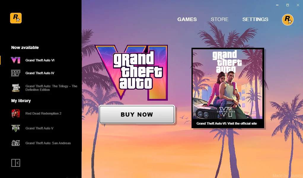 GTA 6 on the Rockstar Launcher, as re-imagined by a Redditor including previous titles.