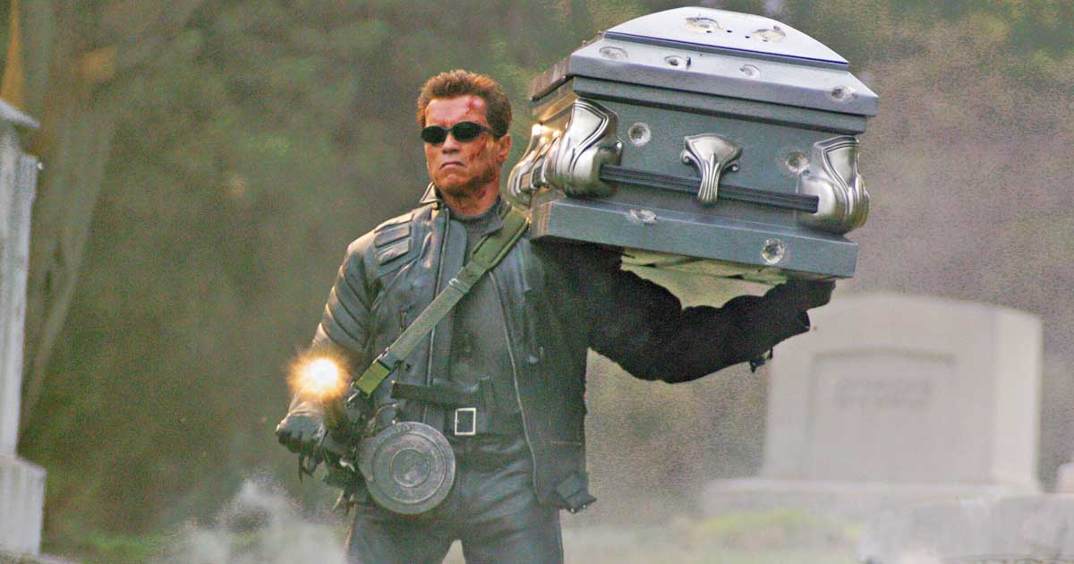 Arnold Schwarzenegger in a still from the Terminator series.