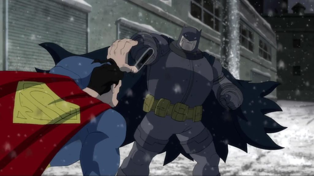 An aged Batman fights Superman in Batman: The Dark Knight Returns, Part 2