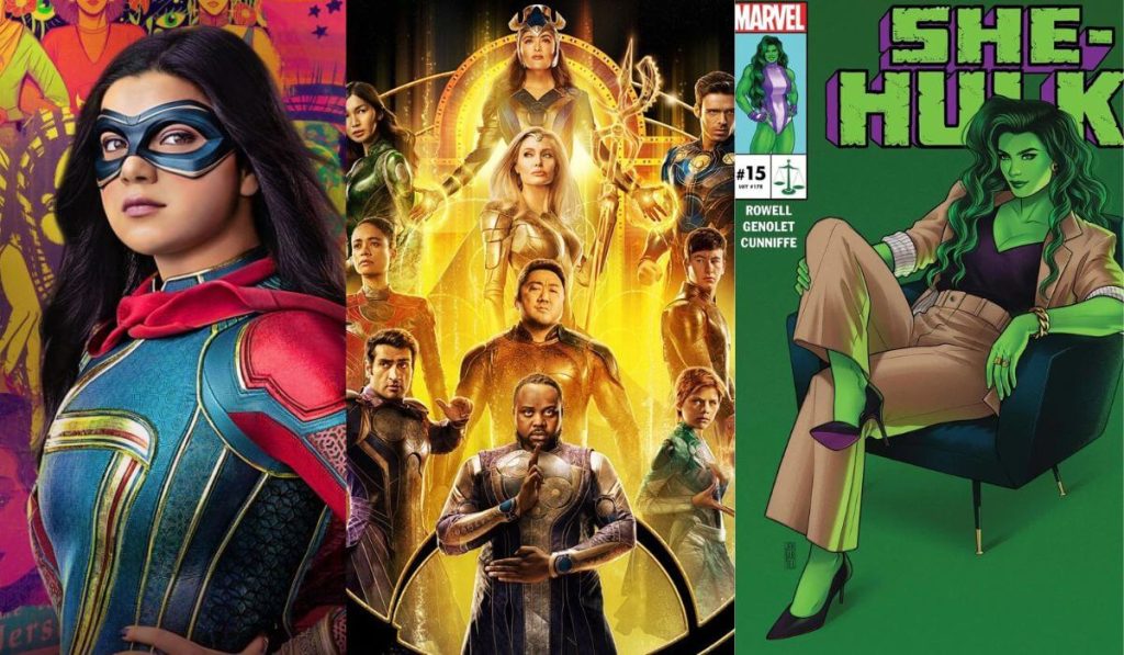 (L-R): Ms. Marvel (2022), Eternals (2021), She-Hulk: Attorney at Law (2022)