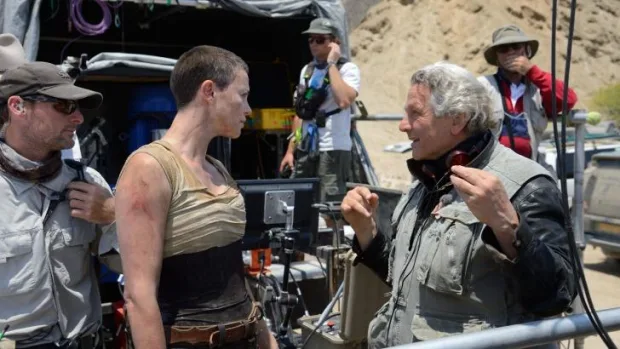 George Miller and Charlize Theron on the set of Mad Max: Fury Road