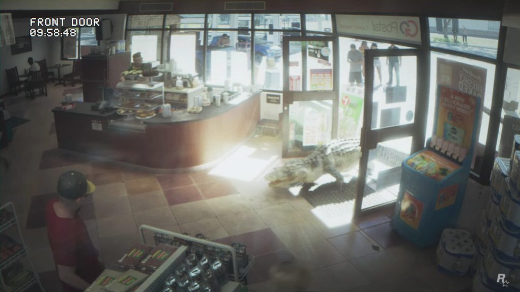 An alligator is also seen entering a store in the trailer.