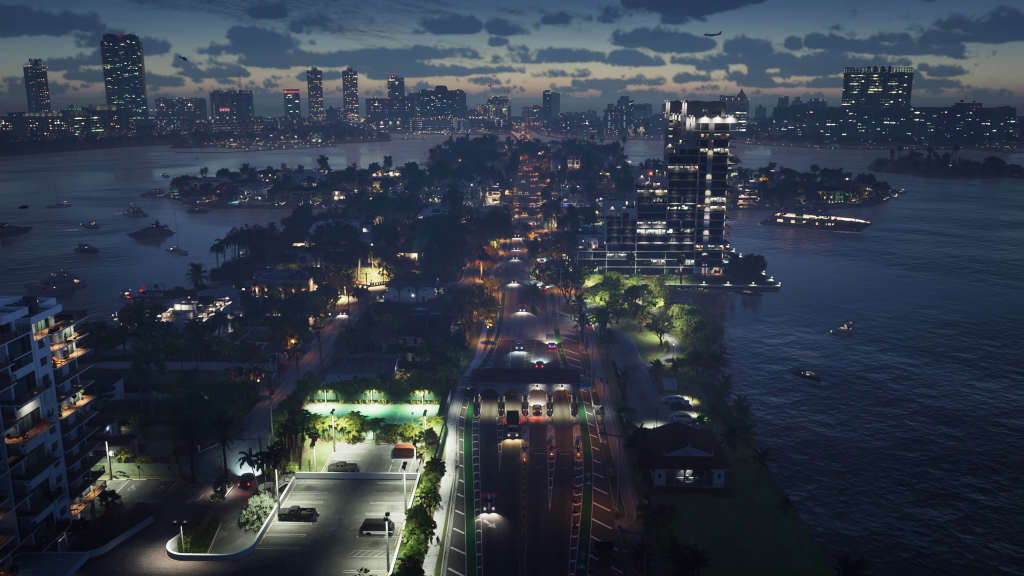 An aerial shot shows the in-game adaptation of Miami's famous Biscayne Island in GTA 6.