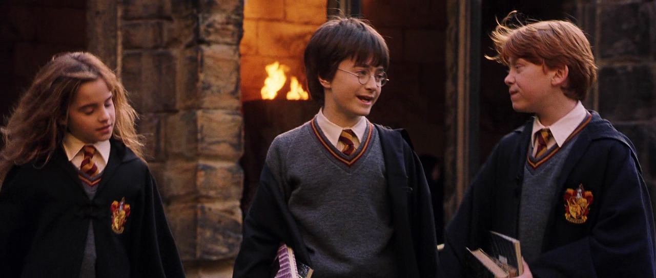 Harry, Hermione and Ron in the first Harry Potter film