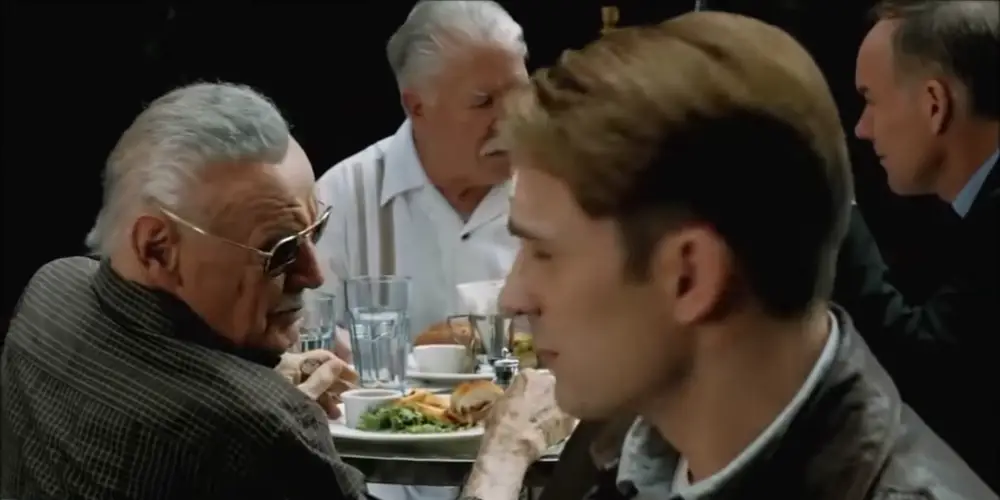 Stan Lee and Chris Evans in a still from The Avengers 