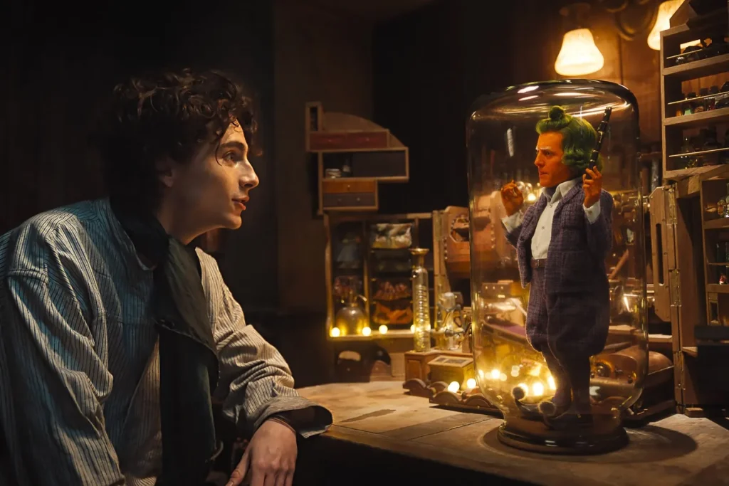 Timothée Chalamet and Hugh Grant in a still from Wonka