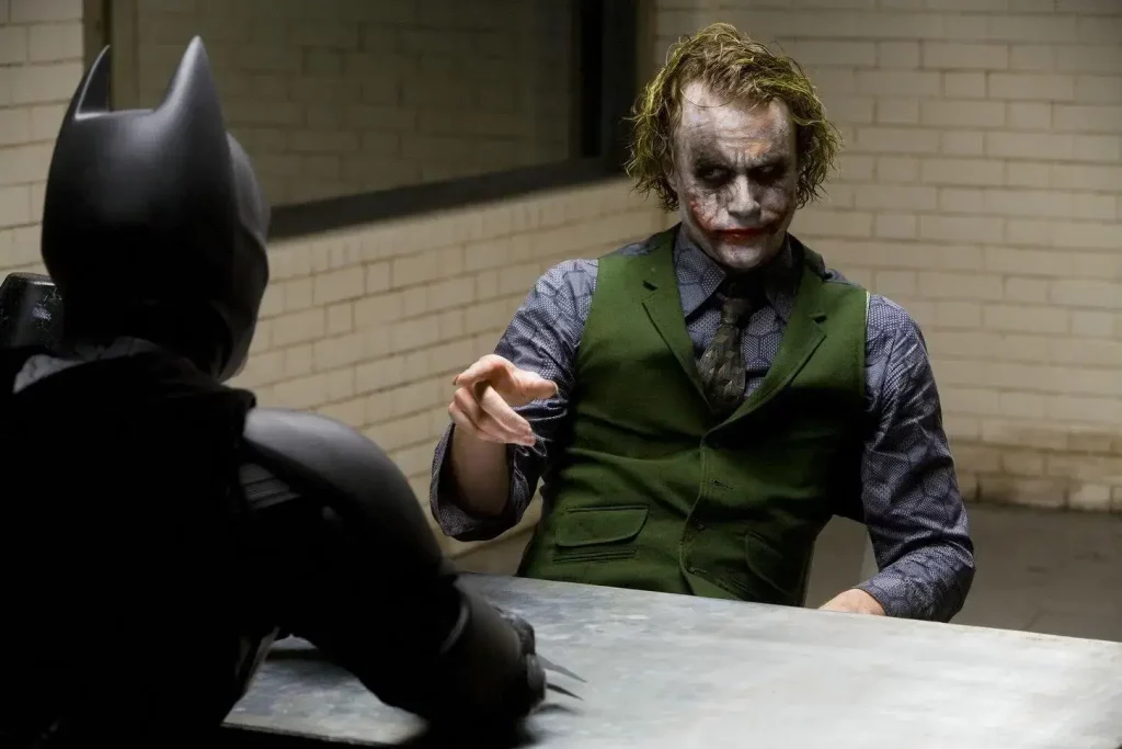 Heath Ledger as Joker alongside Christian Bale's Batman in The Dark Knight