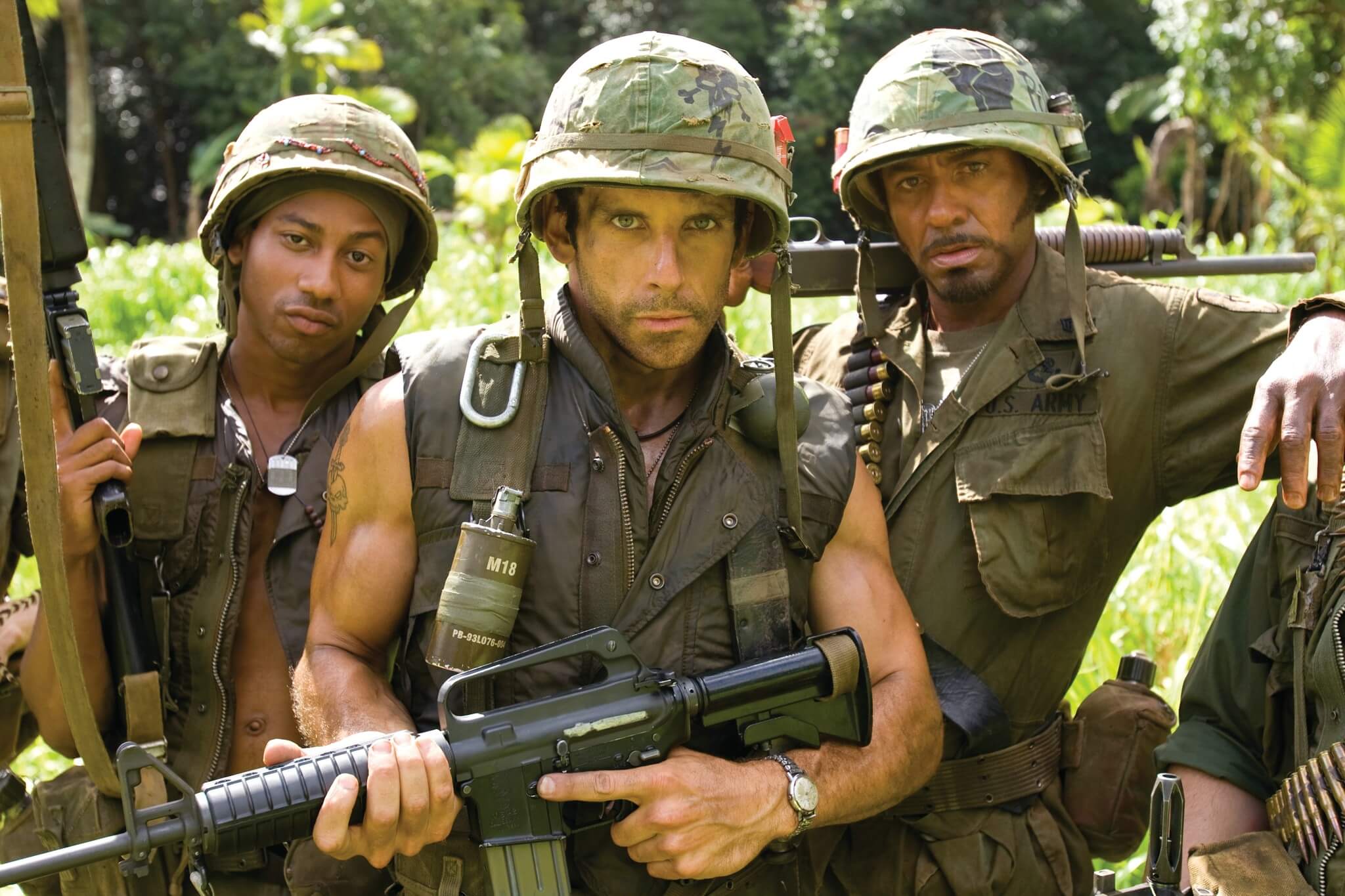 Ben Stiller, Brandon T Jackson, and Robert Downey Jr. in Tropic Thunder